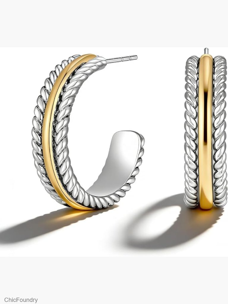 Two Tone Twisted C Hoop Earrings - Hypoallergenic Mixed Metal
